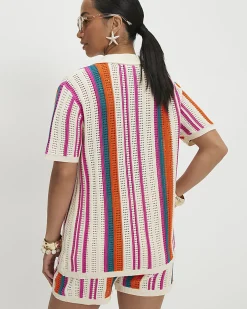Petite Cotton Cream Striped Crochet Shirt