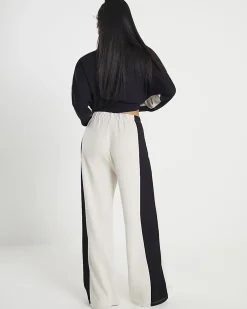 Petite Cream Colour Block Wide Leg Trousers