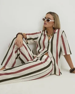 Petite Cream Crochet Stripe Wide Leg Trousers