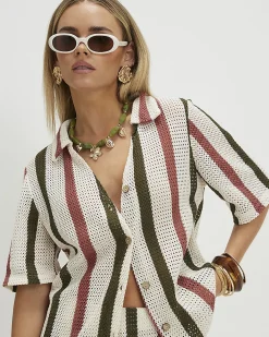 Petite Cream Crochet Stripe Shirt
