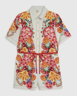 Petite Cream Floral Collared Playsuit