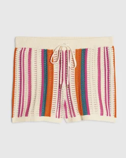 Petite Cream Striped Crochet Shorts