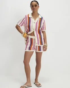 Petite Cream Striped Crochet Shorts