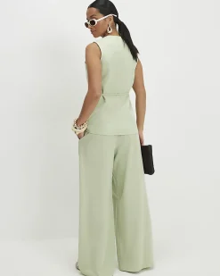 Petite Green Wrap Detail Wide Leg Trousers