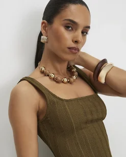 Petite Khaki Textured Midi Dress