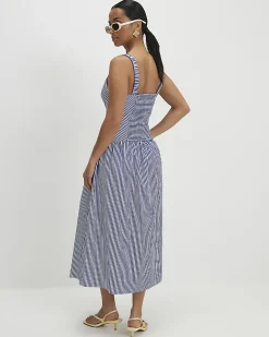 Petite Navy V Neck Stripe Midi Dress