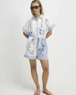 Petite White Embroidery Stripe Playsuit