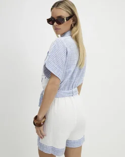 Petite White Embroidery Stripe Playsuit