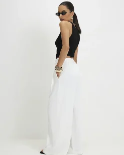 Petite White Pleated Wide Leg Trousers