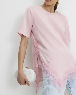 Pink Asymmetric Lace Trim Satin T-Shirt