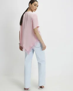Pink Asymmetric Lace Trim Satin T-Shirt