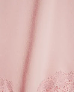Pink Asymmetric Lace Trim Satin T-Shirt