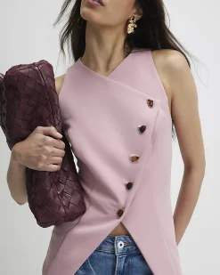 Pink Collarless Asymmetric Waistcoat