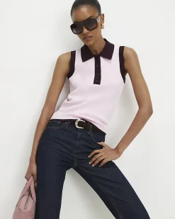 Pink Colour Block Knitted Polo Top