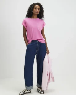 Pink Cotton Blend Burnout Effect T-Shirt