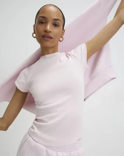 Pink Cotton Blend Fitted Ribbed Top