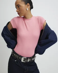 Pink Cotton Blend Fitted Ribbed Top