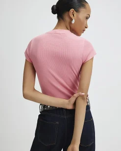 Pink Cotton Blend Fitted Ribbed Top
