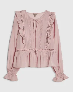Pink Cotton Blend Lace Insert Blouse