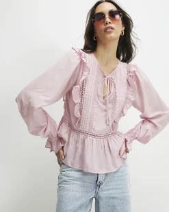 Pink Cotton Blend Lace Insert Blouse