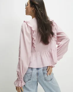 Pink Cotton Blend Lace Insert Blouse