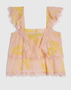 Pink Cotton Blend Lace Trim Tiered Cami Top