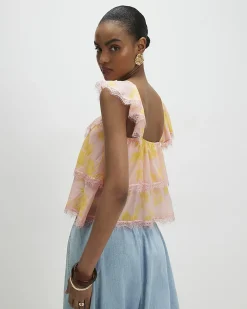 Pink Cotton Blend Lace Trim Tiered Cami Top