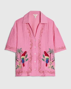 Pink Cotton Blend Parrot Broderie Top