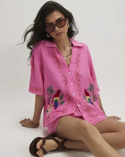 Pink Cotton Blend Parrot Broderie Top