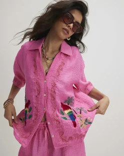 Pink Cotton Blend Parrot Broderie Top