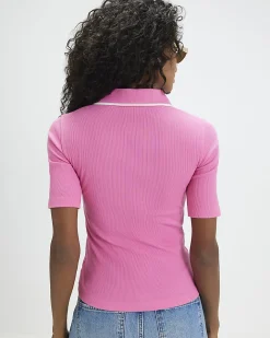 Pink Cotton Blend Ribbed Polo Top