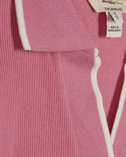 Pink Cotton Blend Ribbed Polo Top