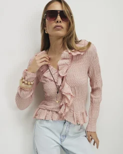 Pink Cotton blend Ruffle Peplum Top