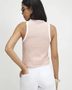 Pink Cotton Blend Stripe Palm Tree Tank Top