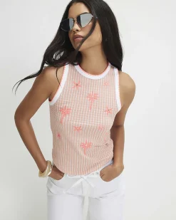 Pink Cotton Blend Stripe Palm Tree Tank Top