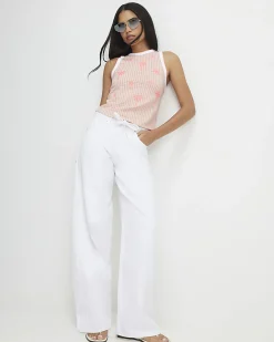Pink Cotton Blend Stripe Palm Tree Tank Top