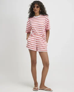 Pink Cotton blend Stripe Towelling Shorts
