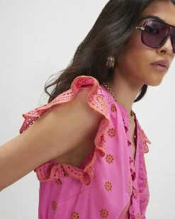 Pink Cotton Broderie Frill Sleeve Blouse