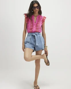 Pink Cotton Broderie Frill Sleeve Blouse