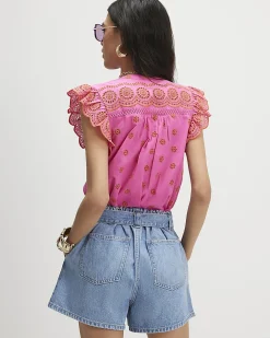 Pink Cotton Broderie Frill Sleeve Blouse