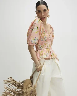 Pink Cotton Floral Puff Sleeve Shirred Top
