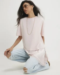 Pink Cotton Lace Hem Asymmetric T-shirt