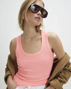 Pink Cotton Ribbed Scoop Neck Vest Top