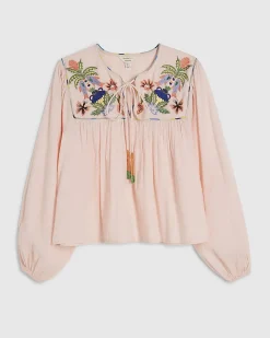 Pink Cotton Tropical Embroidered Smock Blouse