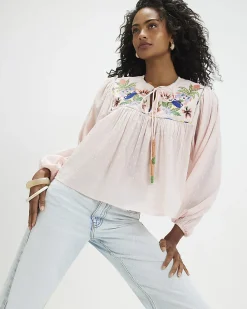 Pink Cotton Tropical Embroidered Smock Blouse