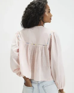 Pink Cotton Tropical Embroidered Smock Blouse