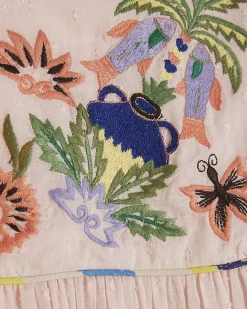 Pink Cotton Tropical Embroidered Smock Blouse