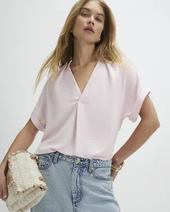 Pink Crepe Notch Neck T-Shirt
