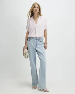 Pink Crepe Notch Neck T-Shirt