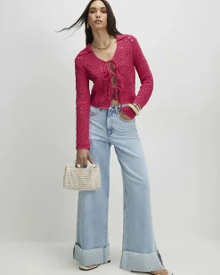 Pink Crochet Tie Front Cardigan